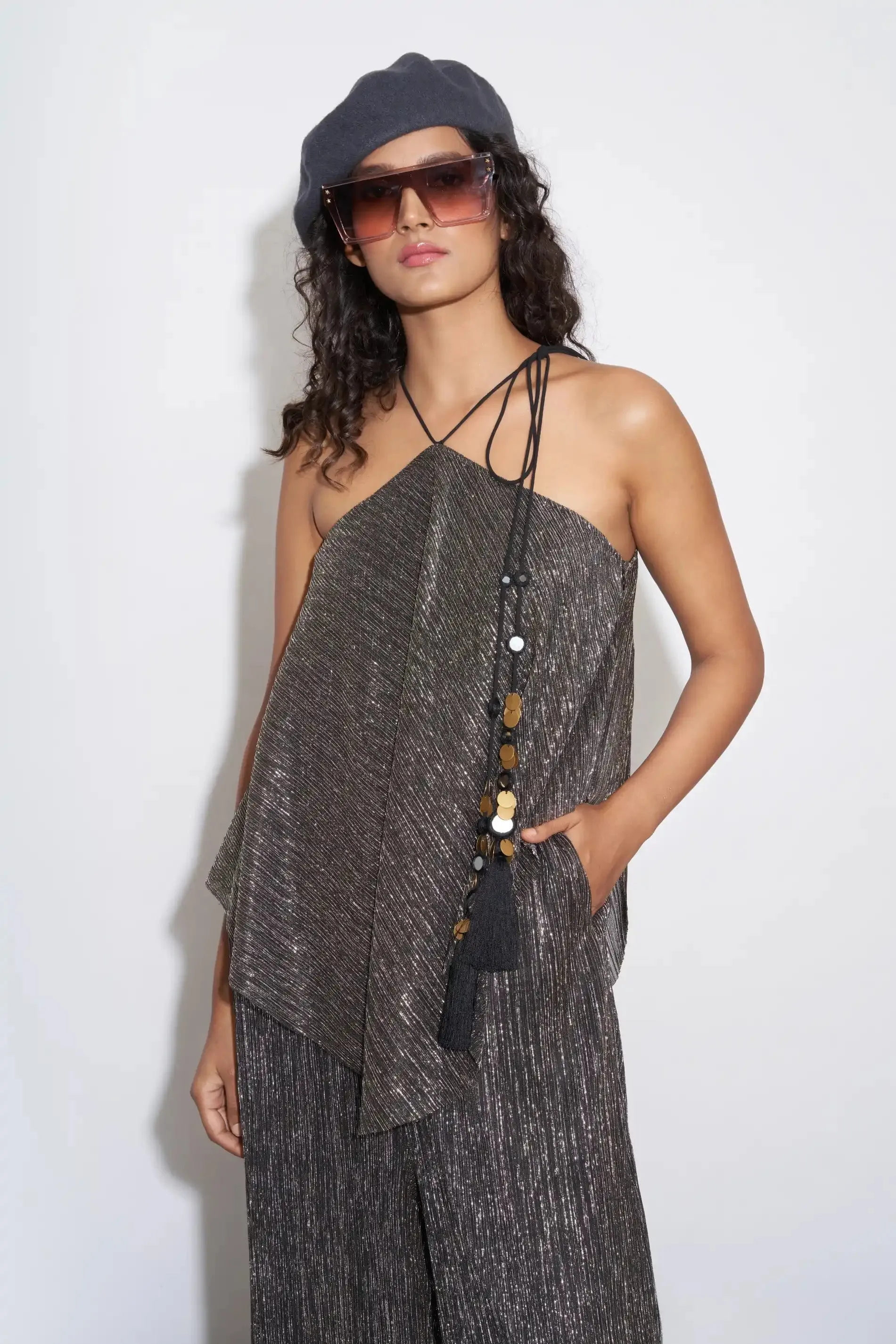 Black Metallic Tie-Up Halter Jumpsuit