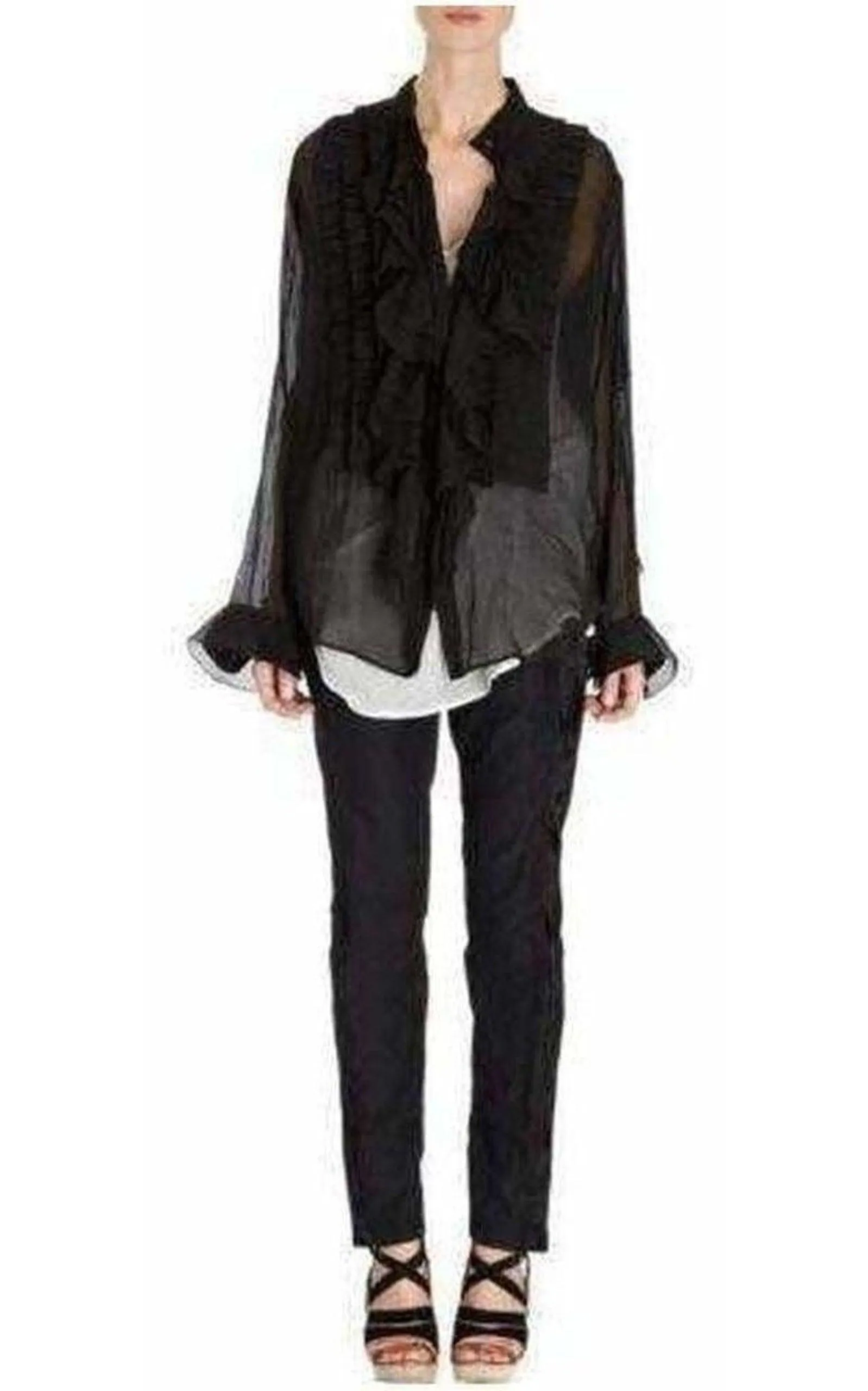 Black Ruffle Cotton Silk Blend Shirt