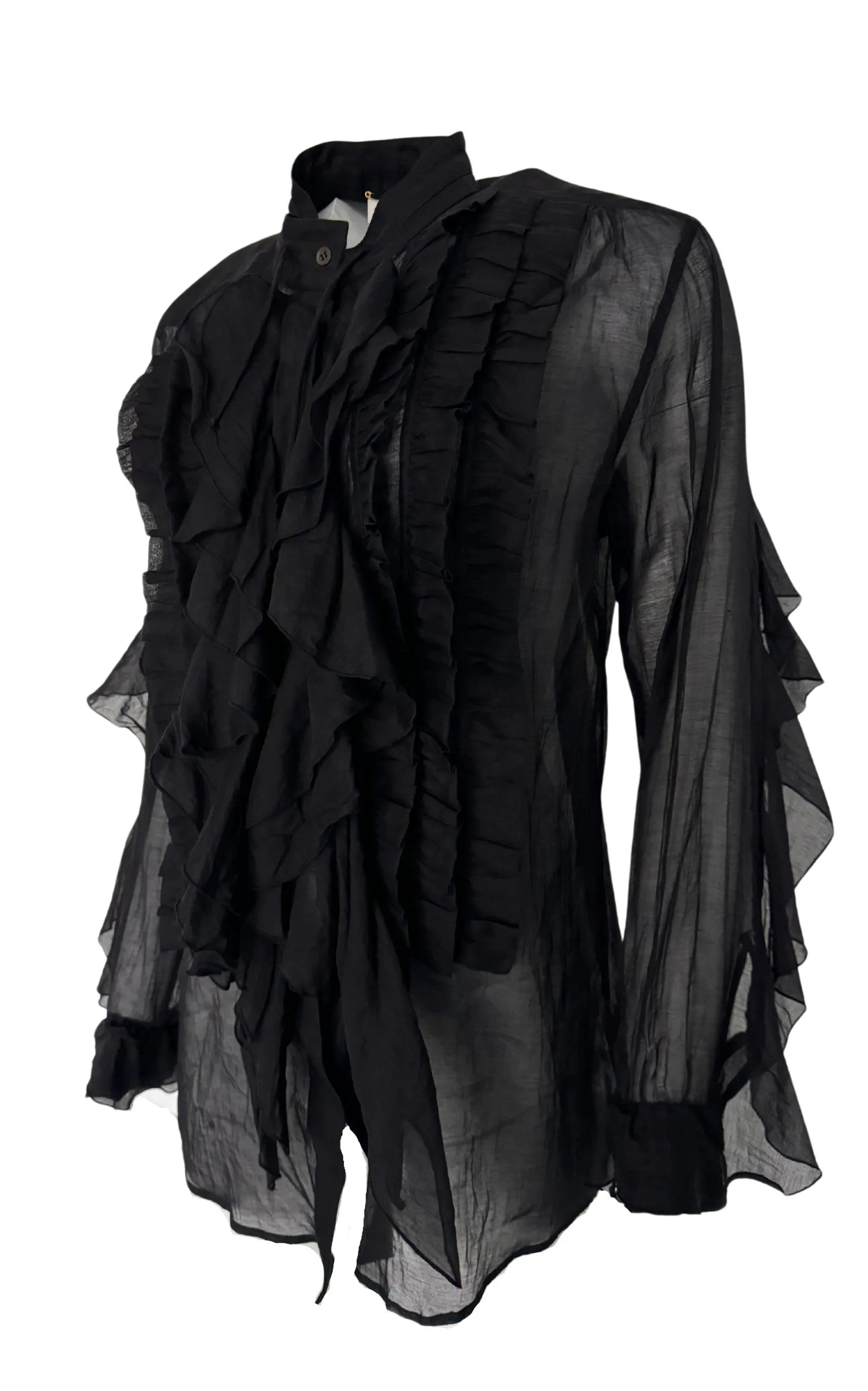 Black Ruffle Cotton Silk Blend Shirt