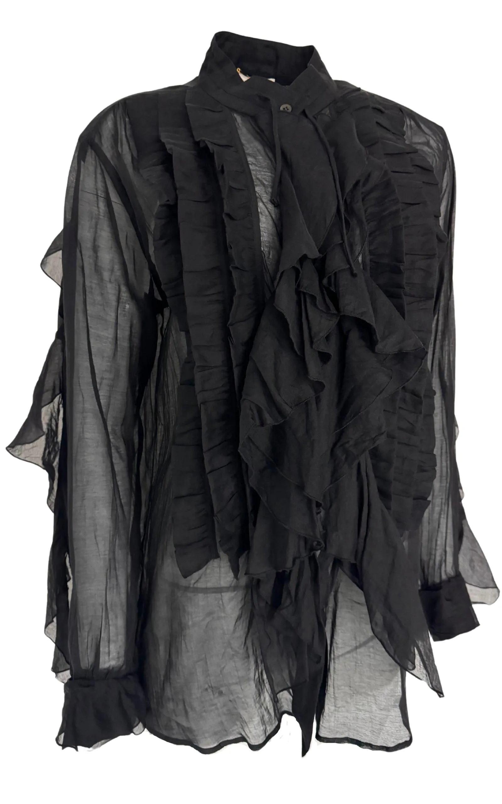 Black Ruffle Cotton Silk Blend Shirt