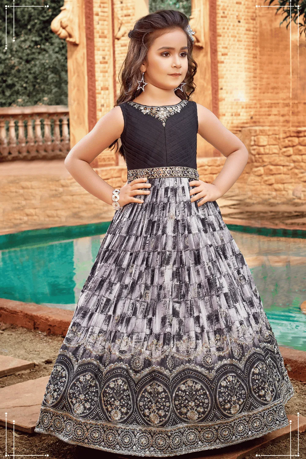 Black with Grey Sequins, Silver Zari, Mirror and Stone work Long Party Gown for Girls