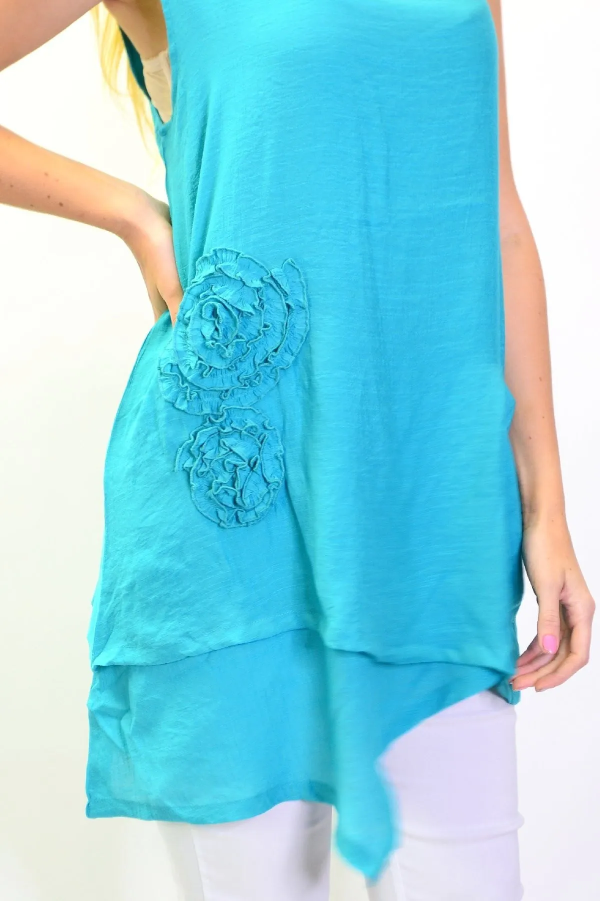 Blue Applique Sleeveless Tunic Top