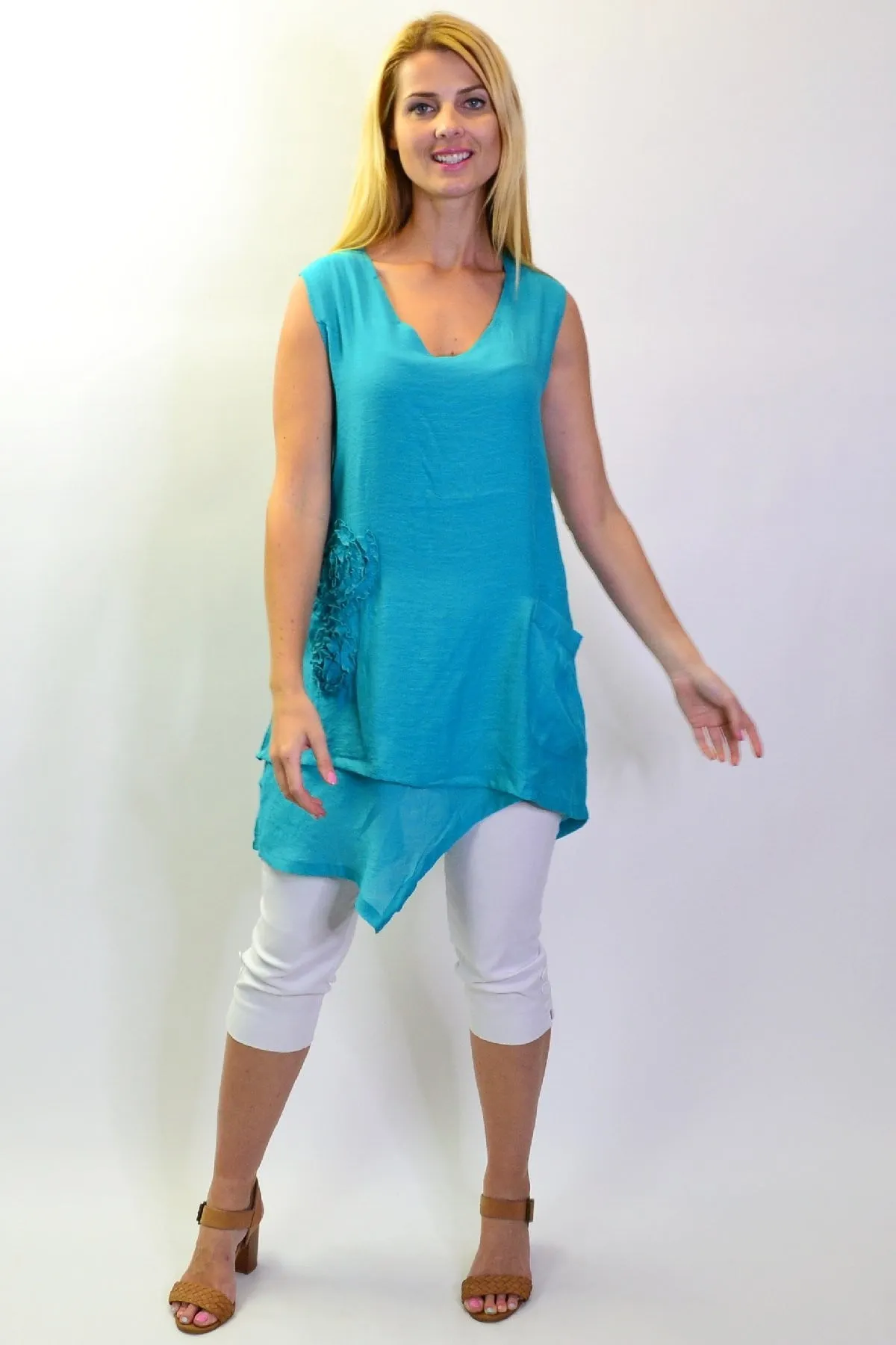 Blue Applique Sleeveless Tunic Top