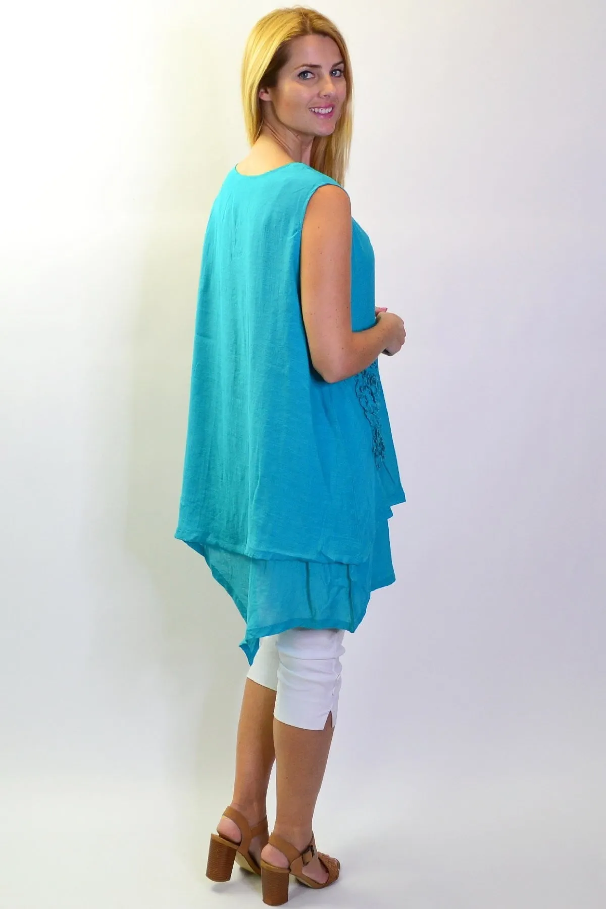 Blue Applique Sleeveless Tunic Top