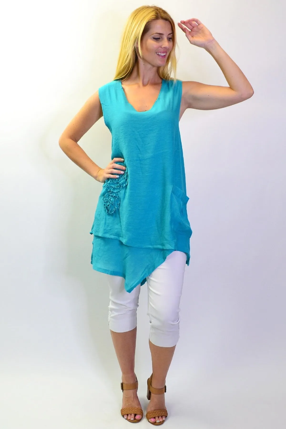 Blue Applique Sleeveless Tunic Top