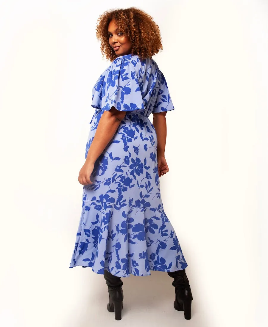 Blue Floral Wrap Midi Dress