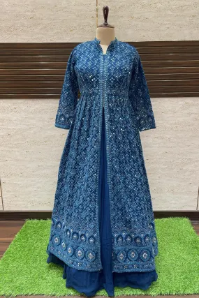 Blue Stone, Sequins and Zari Thread work Long Top Lehenga