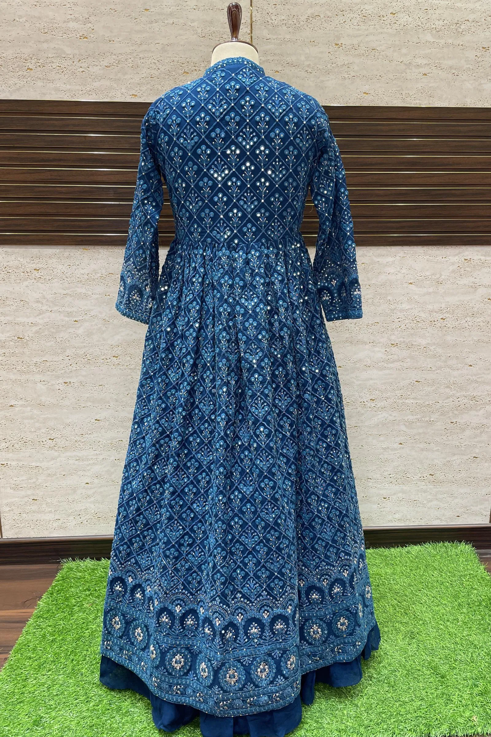 Blue Stone, Sequins and Zari Thread work Long Top Lehenga