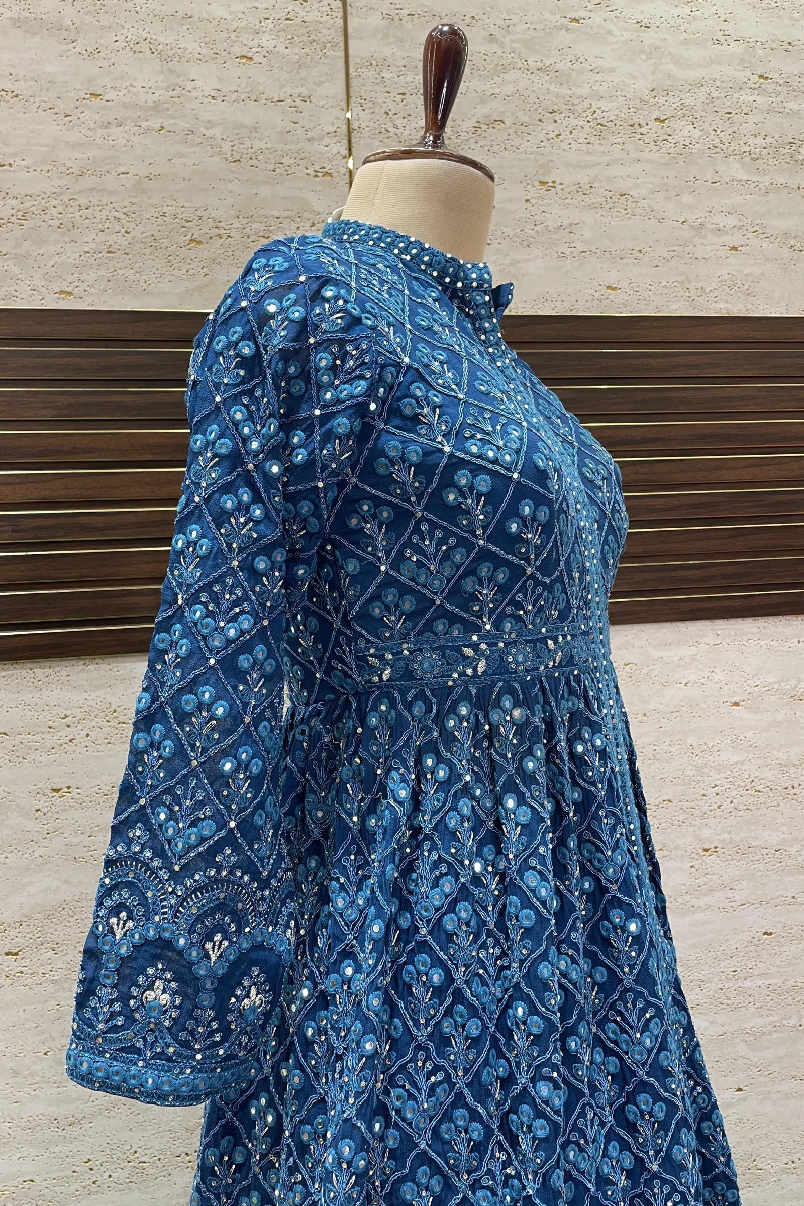 Blue Stone, Sequins and Zari Thread work Long Top Lehenga