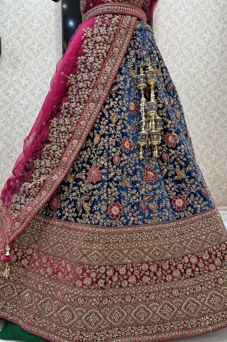 Blue with Maroon Stone, Zari and Applique work Crop Top Designer Bridal Lehenga