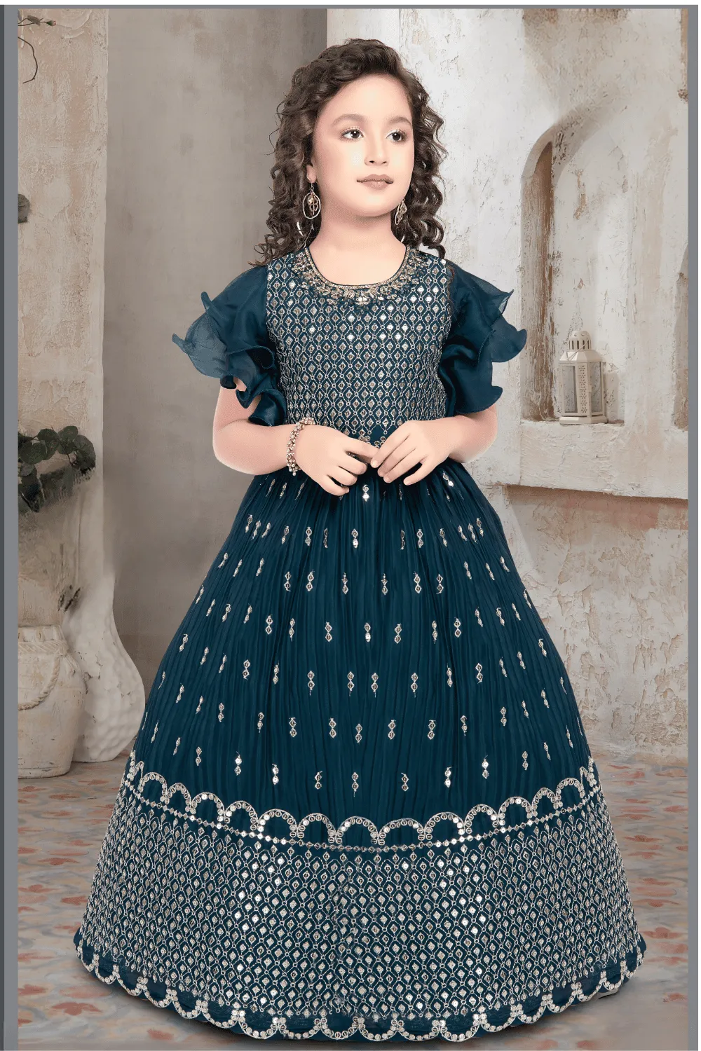 Blue Zari, Sequins, Zardozi, Beads, Stone and Mirror work Long Party Gown for Girls