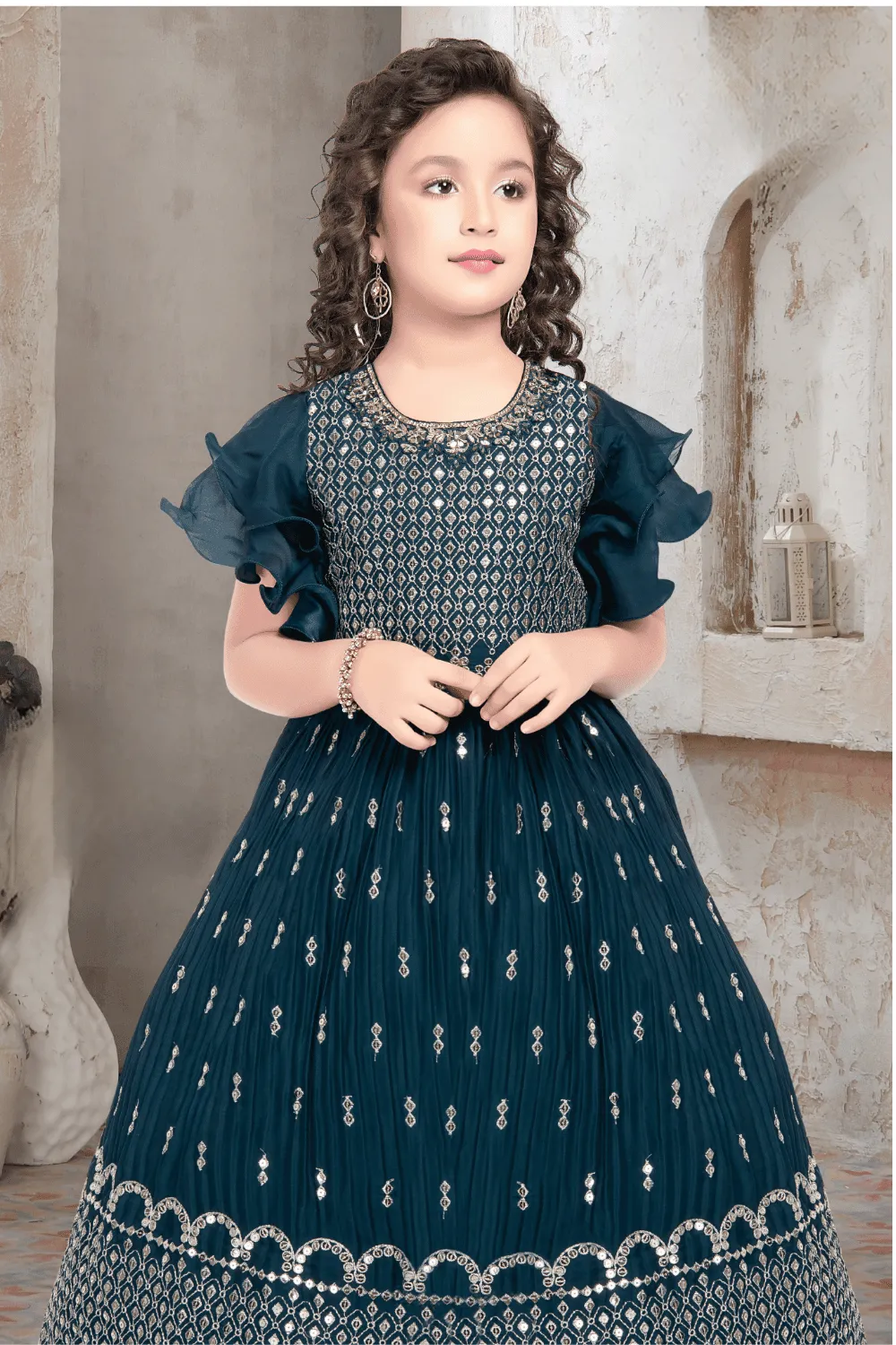 Blue Zari, Sequins, Zardozi, Beads, Stone and Mirror work Long Party Gown for Girls