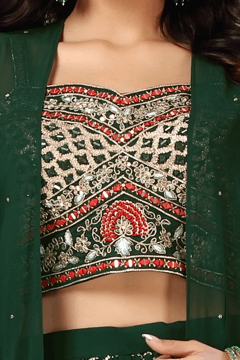 Bottle Green Mirror, Zari Thread and Sequins work with Long Over Coat Crop Top Palazzo Set