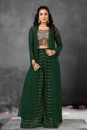 Bottle Green Mirror, Zari Thread and Sequins work with Long Over Coat Crop Top Palazzo Set