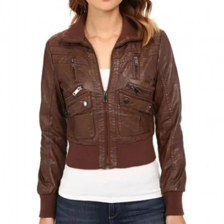 Brown Leather Bomber Jacket For Women