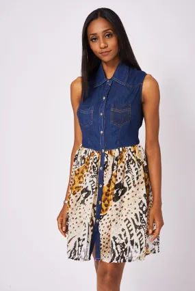 Button Front Denim Dress With Abstract Pattern