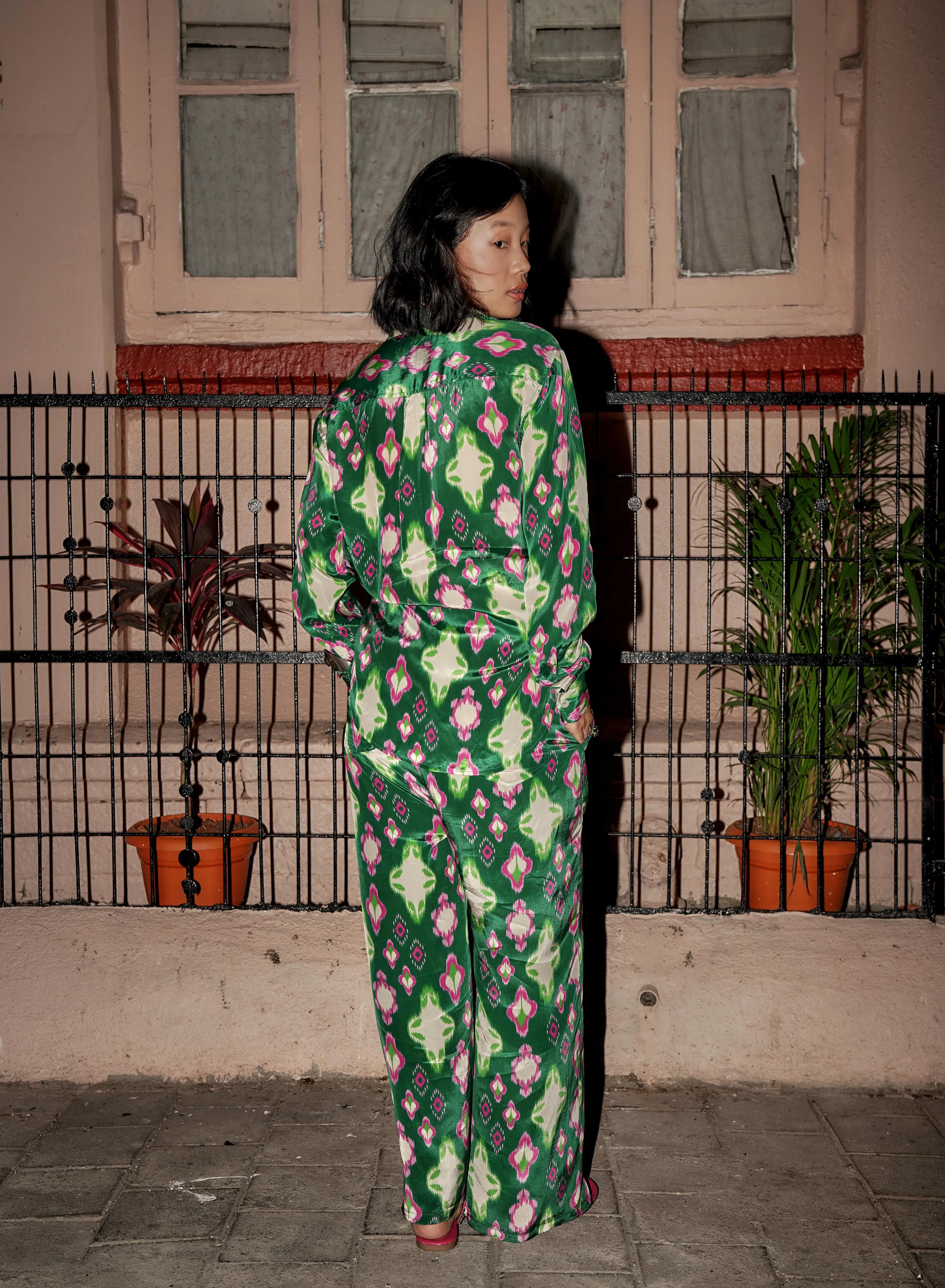 CAFE GREEN IKAT STRAIGHT TROUSERS