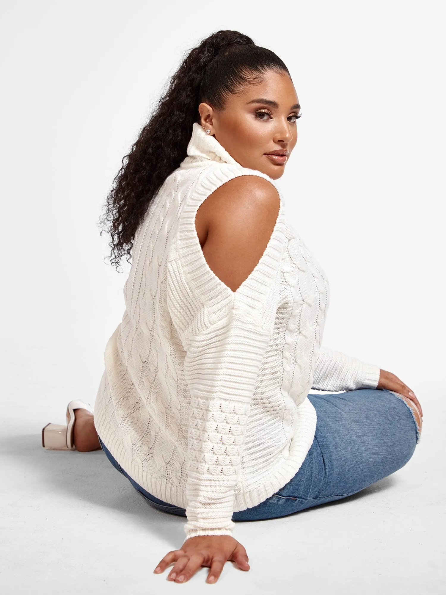 Caroline Cold Shoulder Cable Knit Sweater