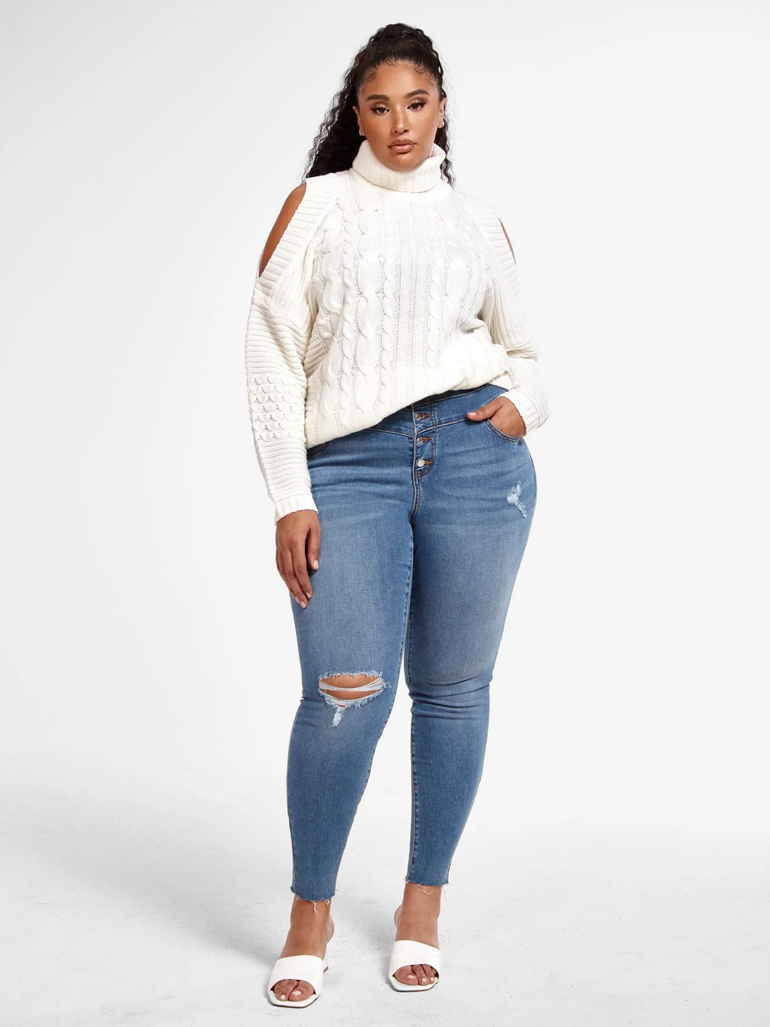 Caroline Cold Shoulder Cable Knit Sweater