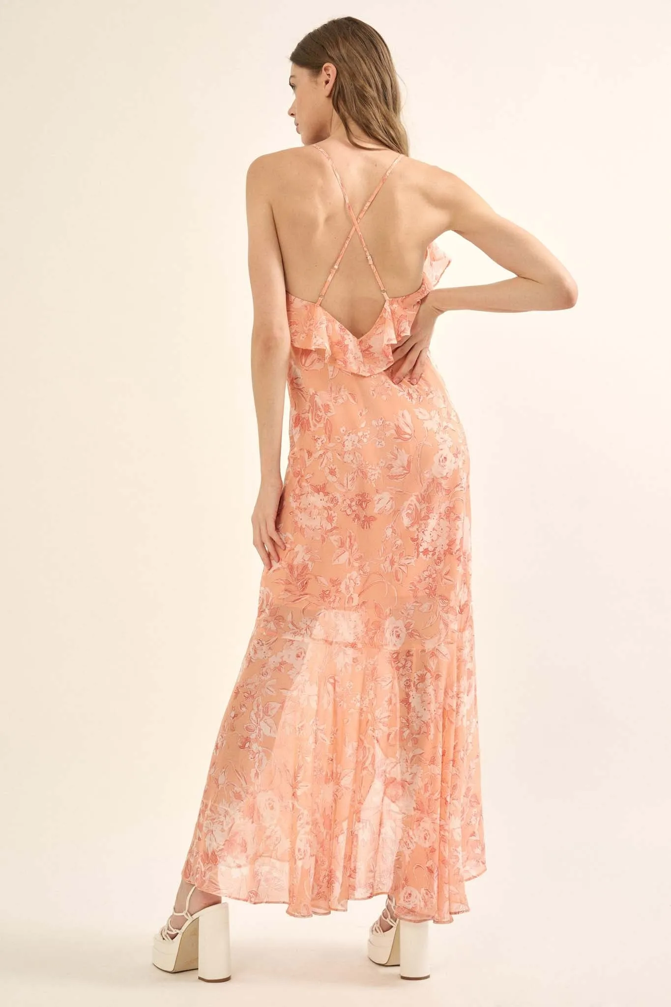 Celestial Garden Floral Chiffon Ruffled Maxi Dress