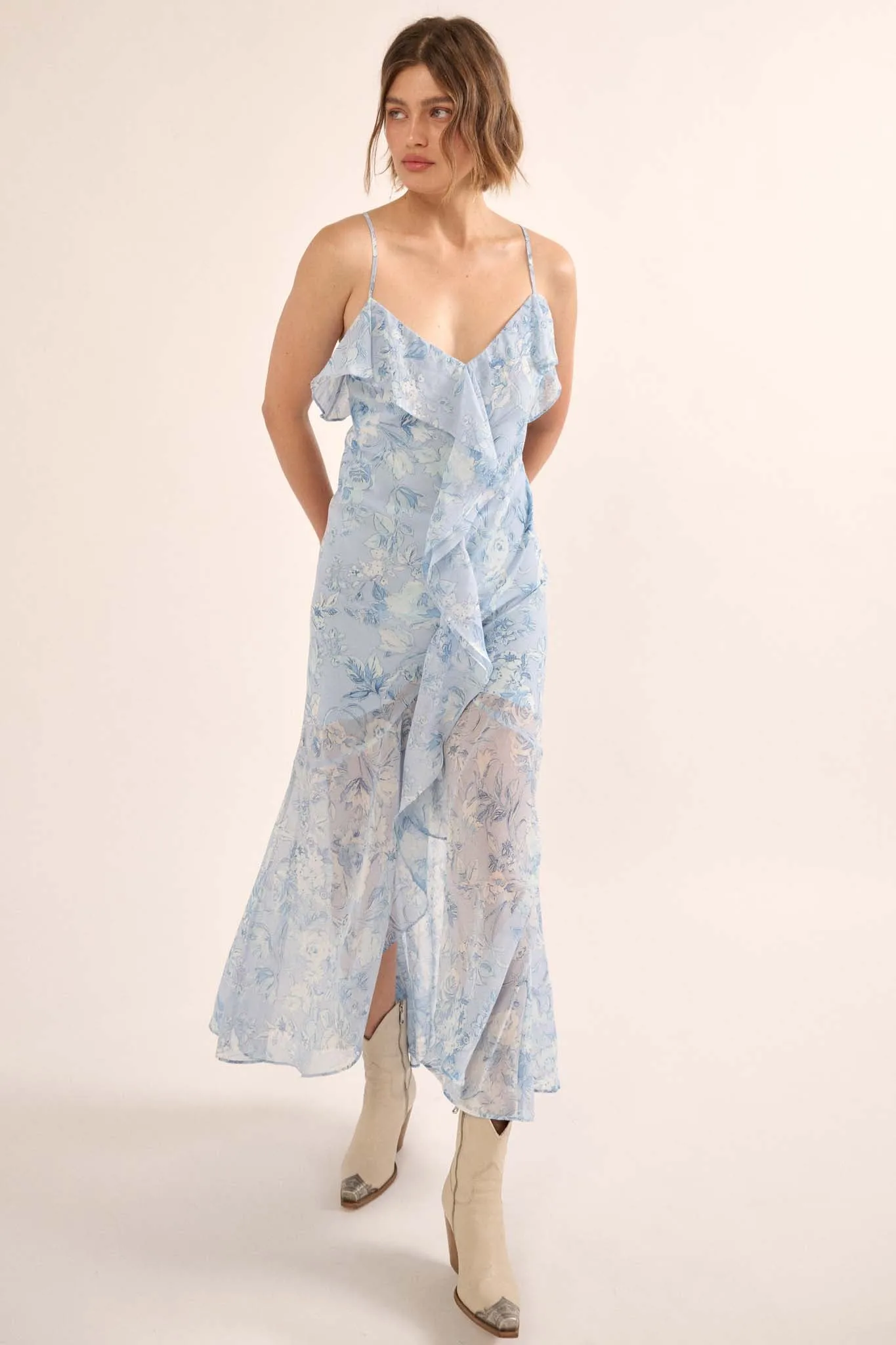 Celestial Garden Floral Chiffon Ruffled Maxi Dress