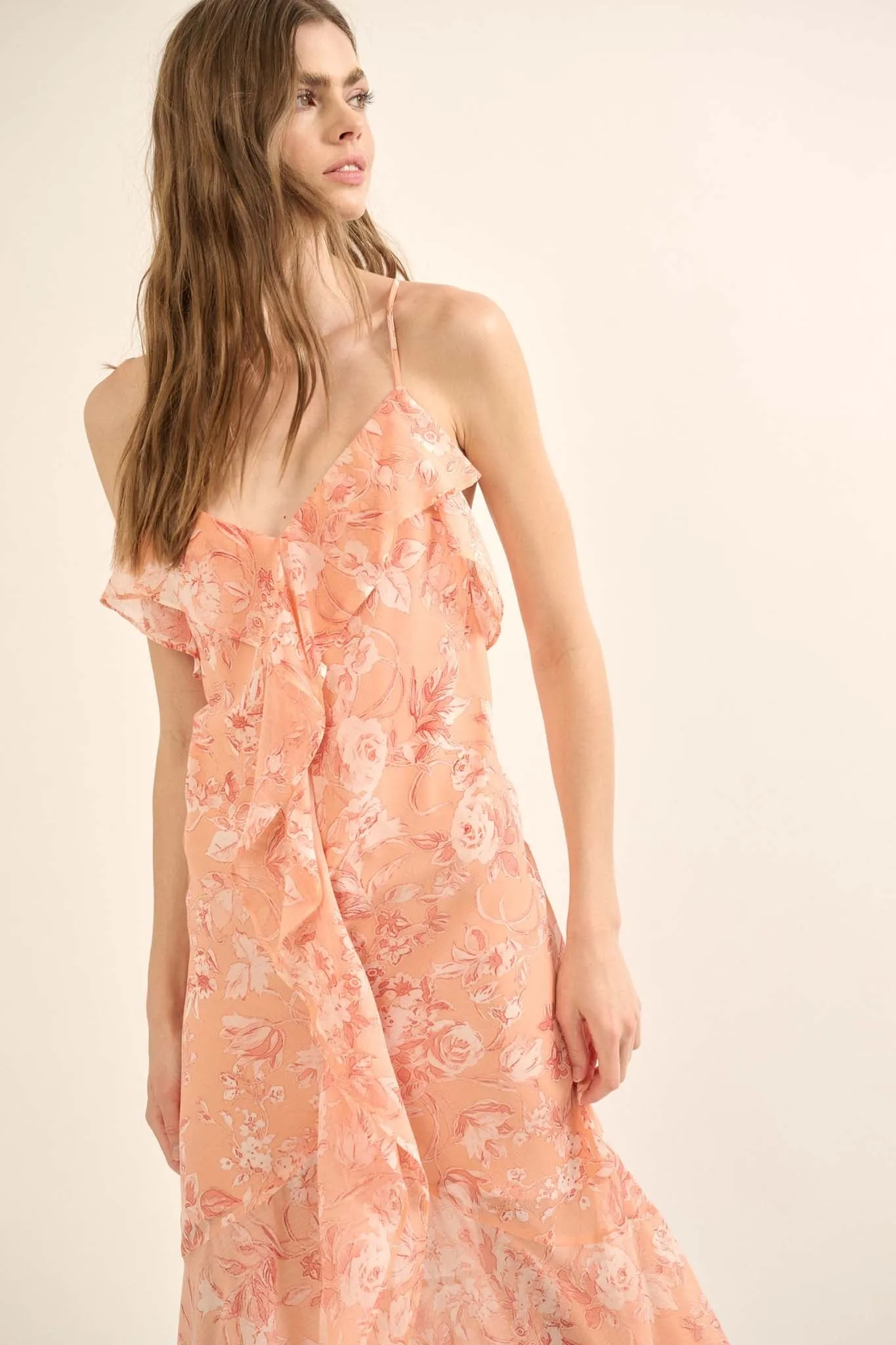 Celestial Garden Floral Chiffon Ruffled Maxi Dress