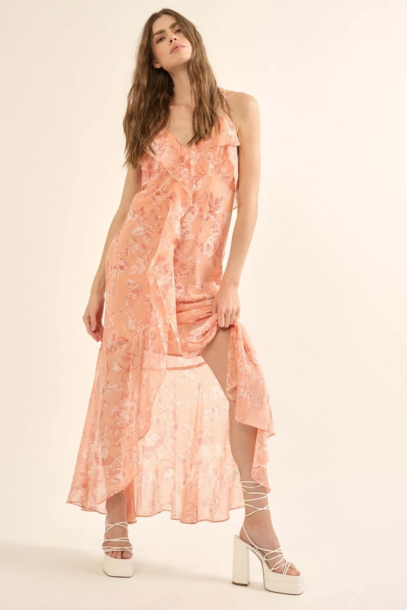 Celestial Garden Floral Chiffon Ruffled Maxi Dress