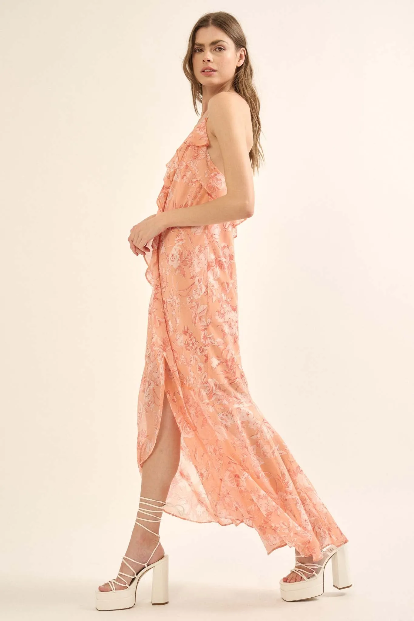 Celestial Garden Floral Chiffon Ruffled Maxi Dress