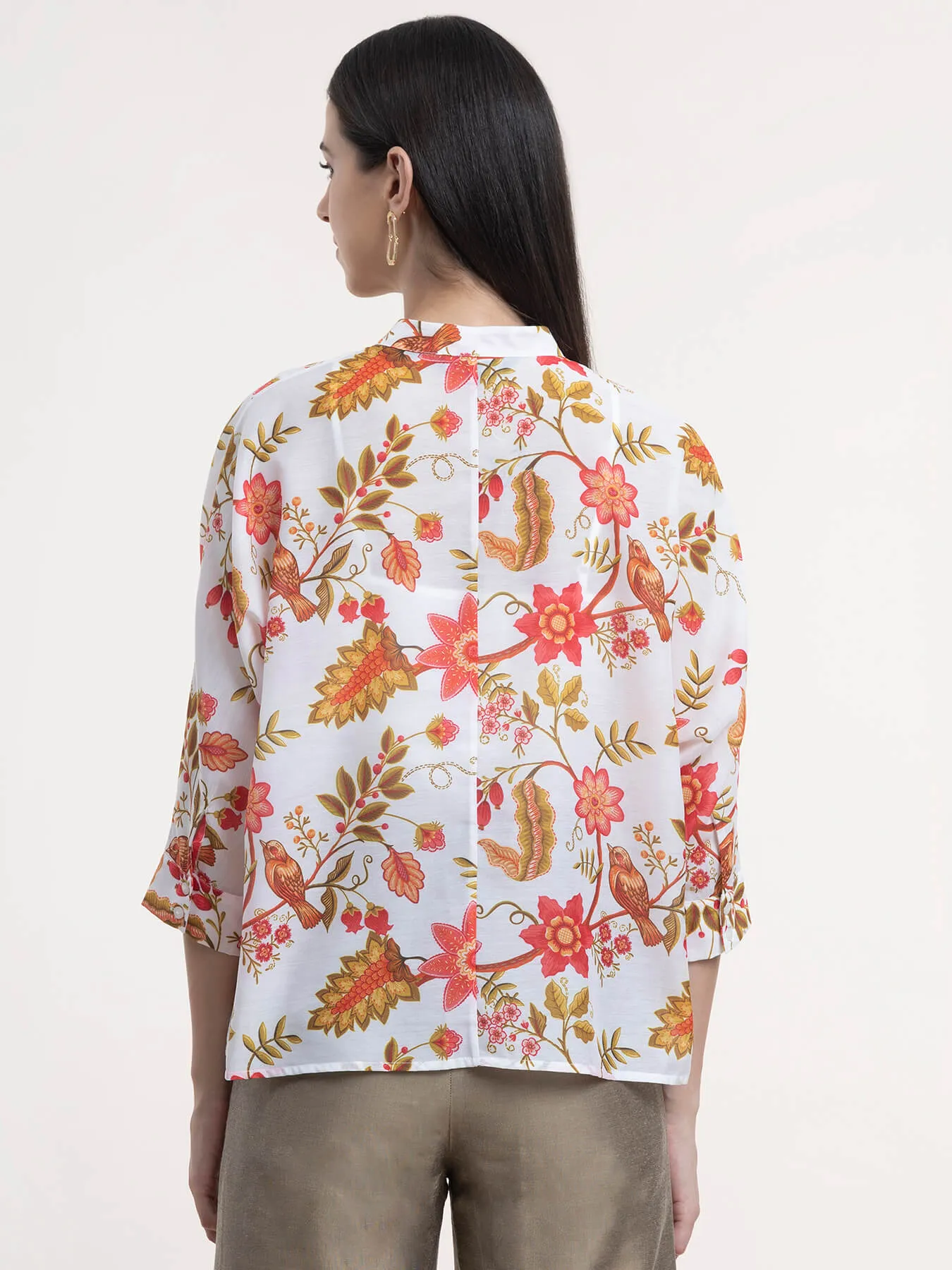 Chanderi Floral Dolman Sleeve Top - White and Red