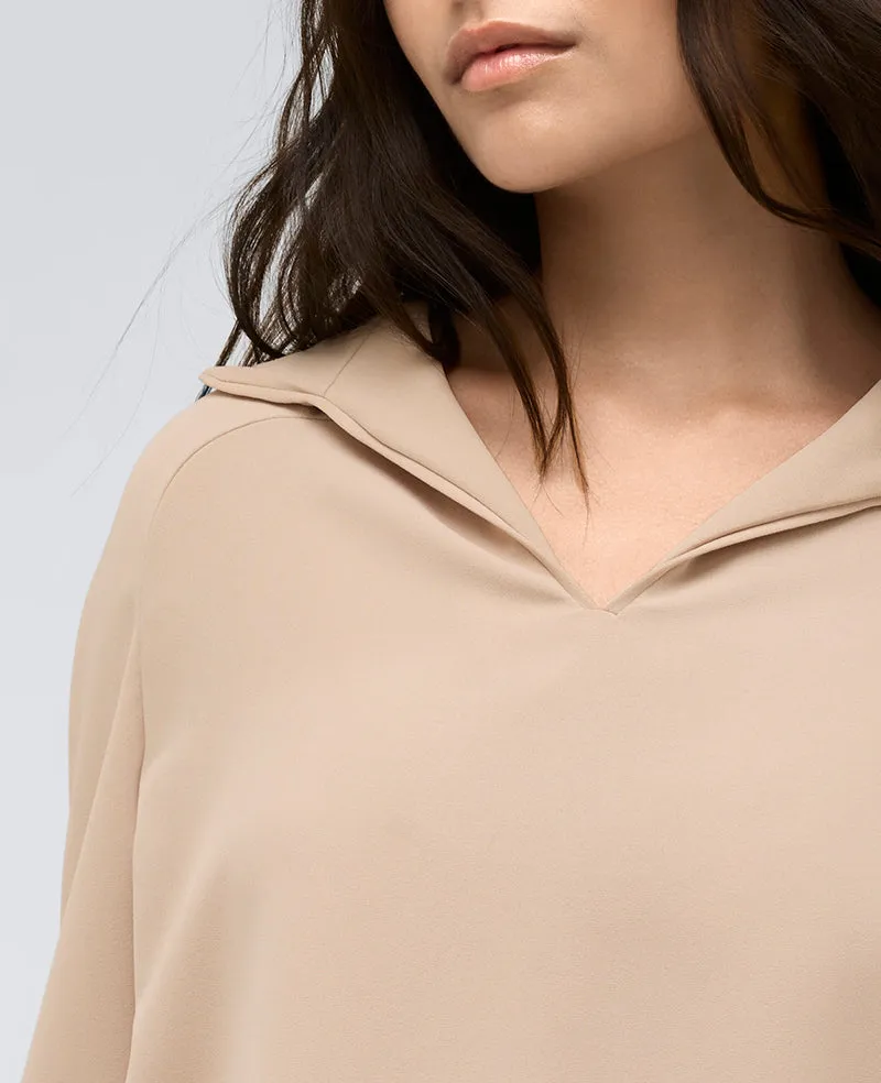 Collared Raglan Sleeve Pullover Blouse W/ Hood