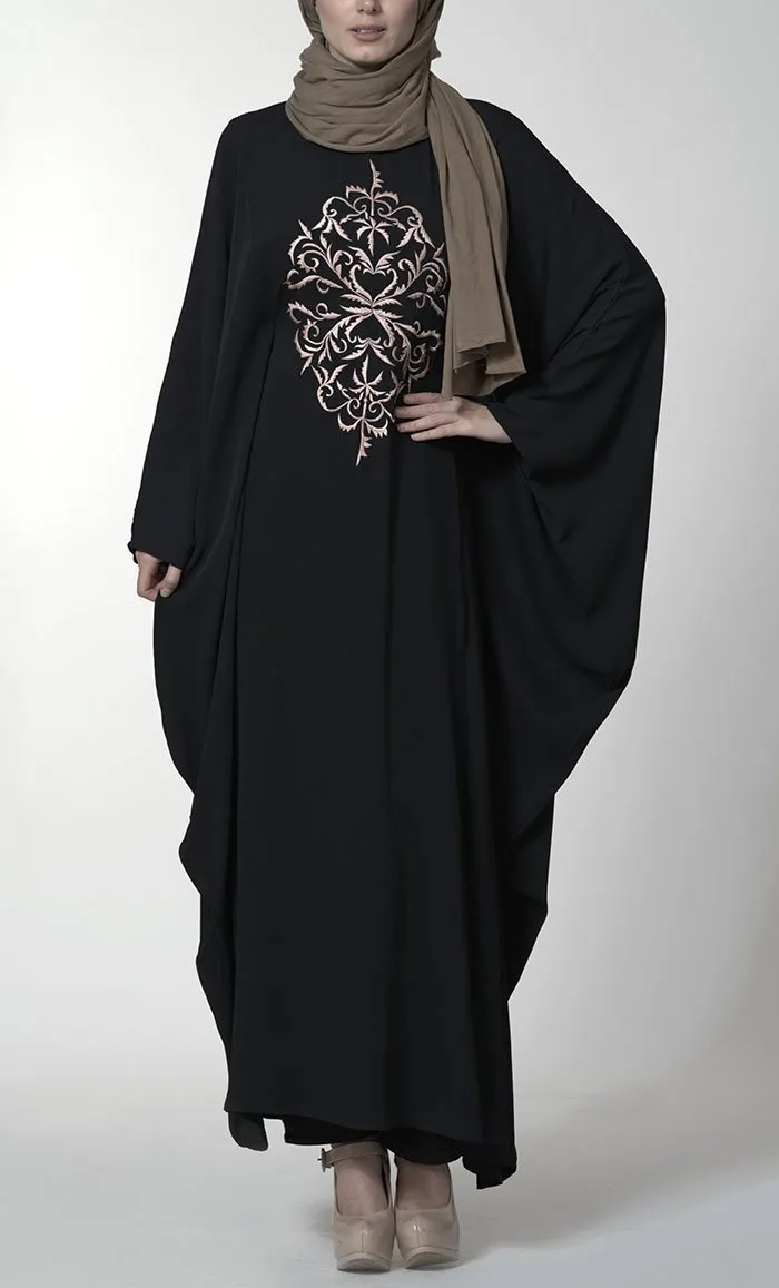 Contrast color embroidered motif kaftan style eid abaya dress