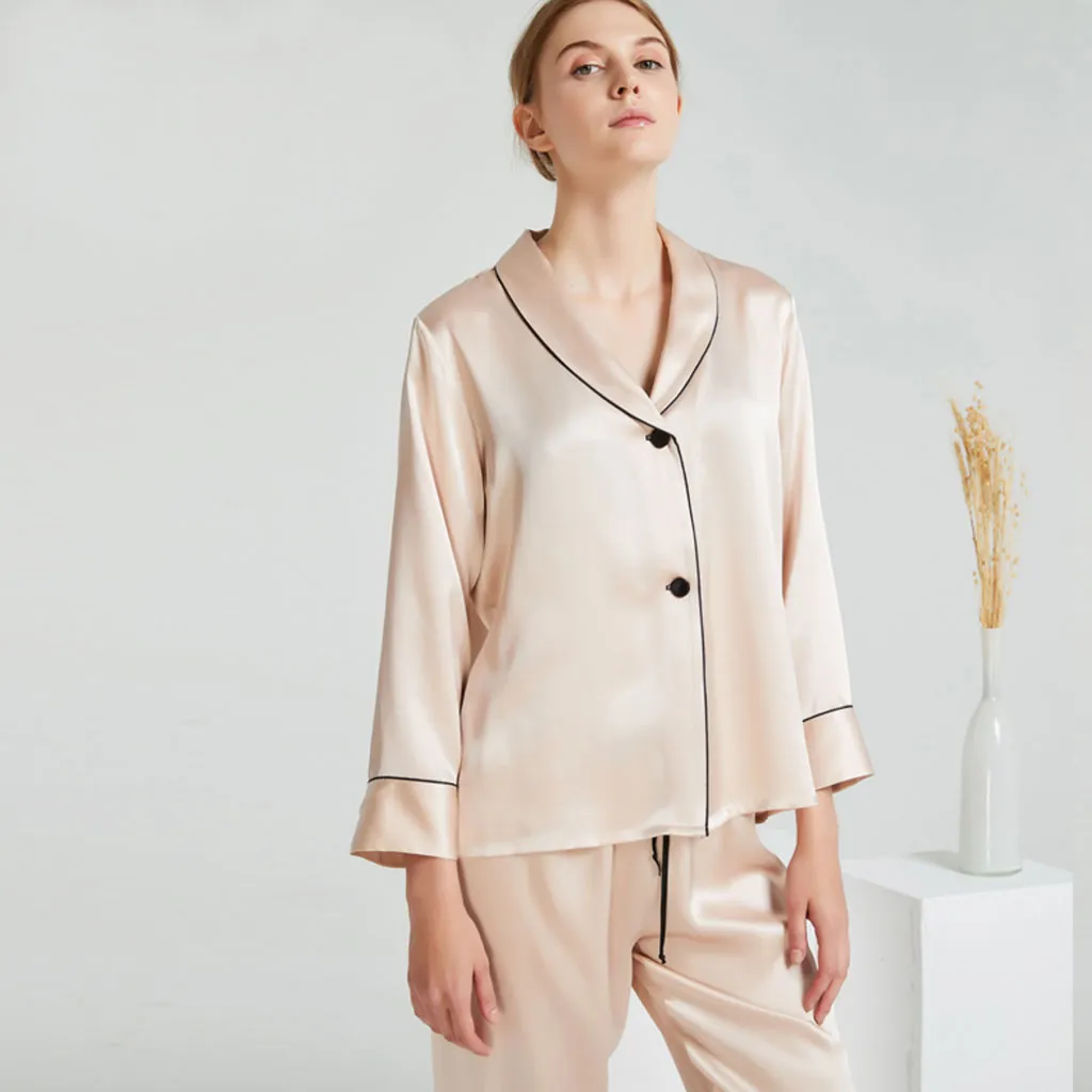 Contrasting Piping Long Sleeve V Neck Silk Lounge Set - Apricot