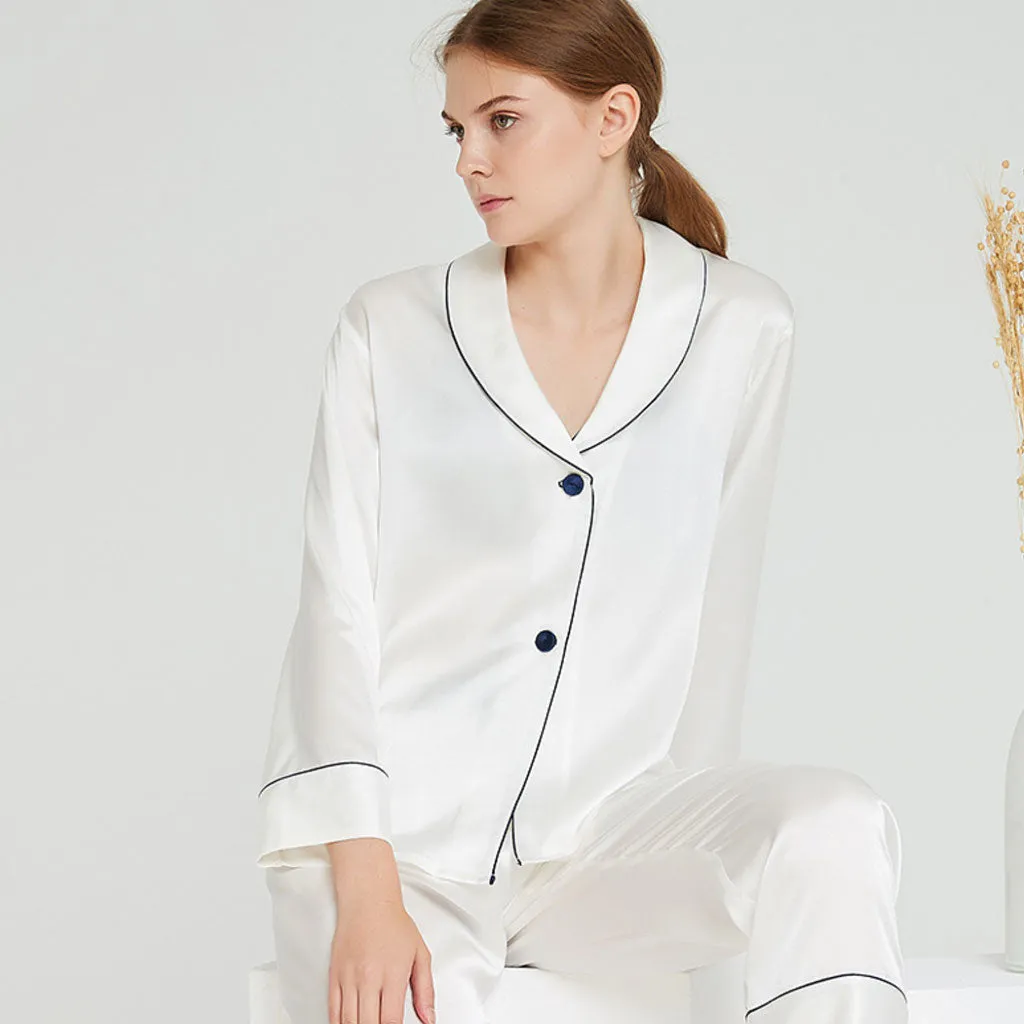 Contrasting Piping Long Sleeve V Neck Silk Lounge Set - White