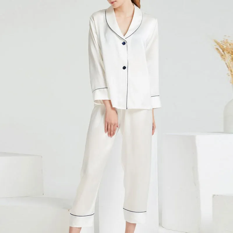 Contrasting Piping Long Sleeve V Neck Silk Lounge Set - White