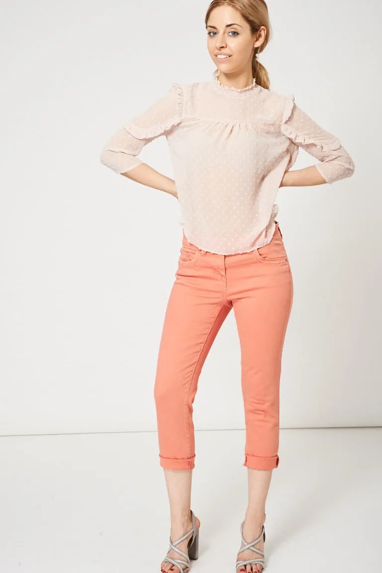 Coral Pink Raw Hem Straight Leg Jeans Ex-Branded Available In Plus Sizes