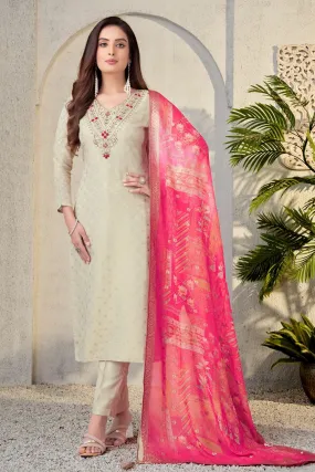 Cream Banaras, Beads, Sequins and Thread work Straight Cut Salwar Suit