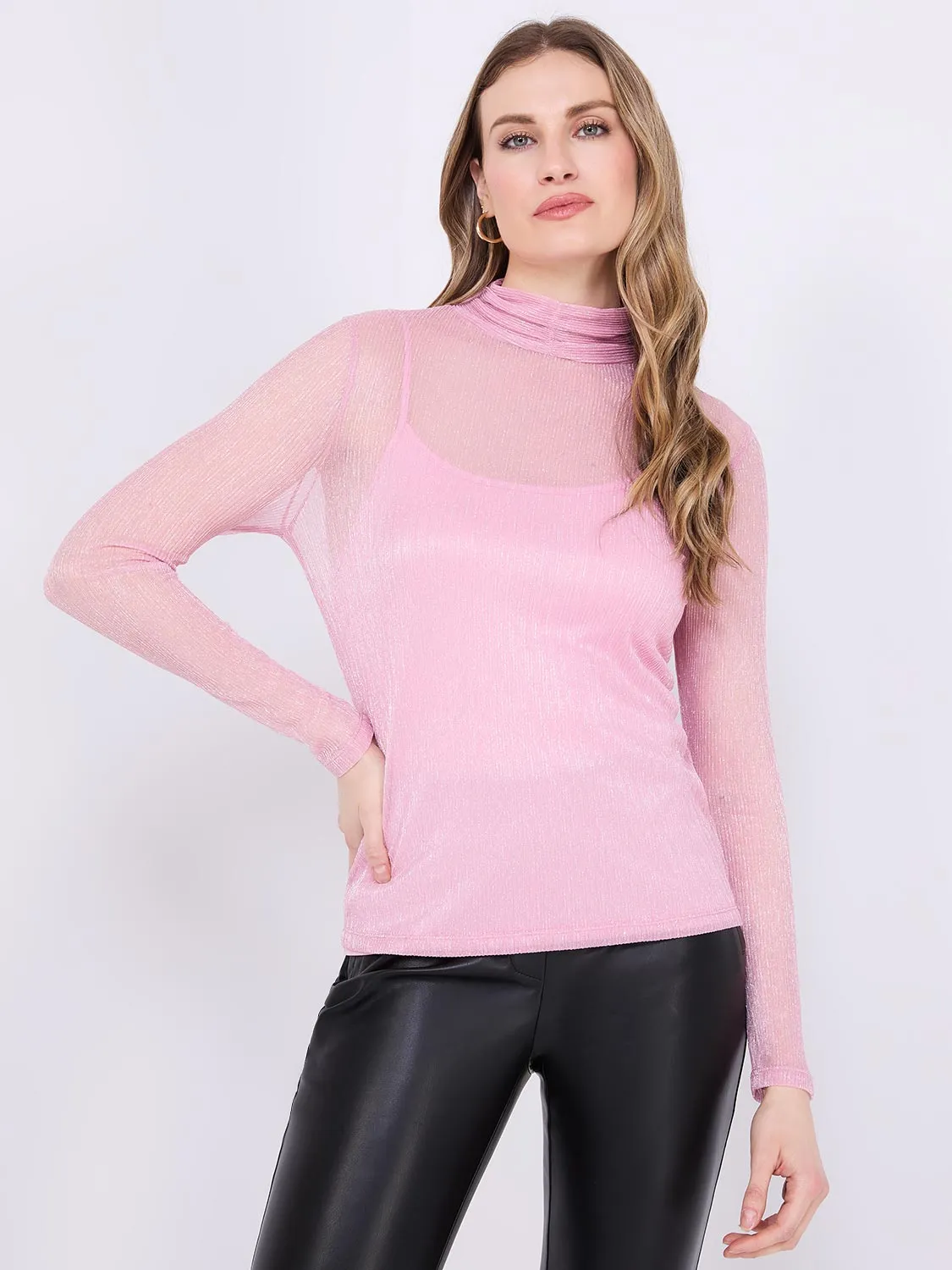 Crinkle Mesh Top With Metallic Mock Neck