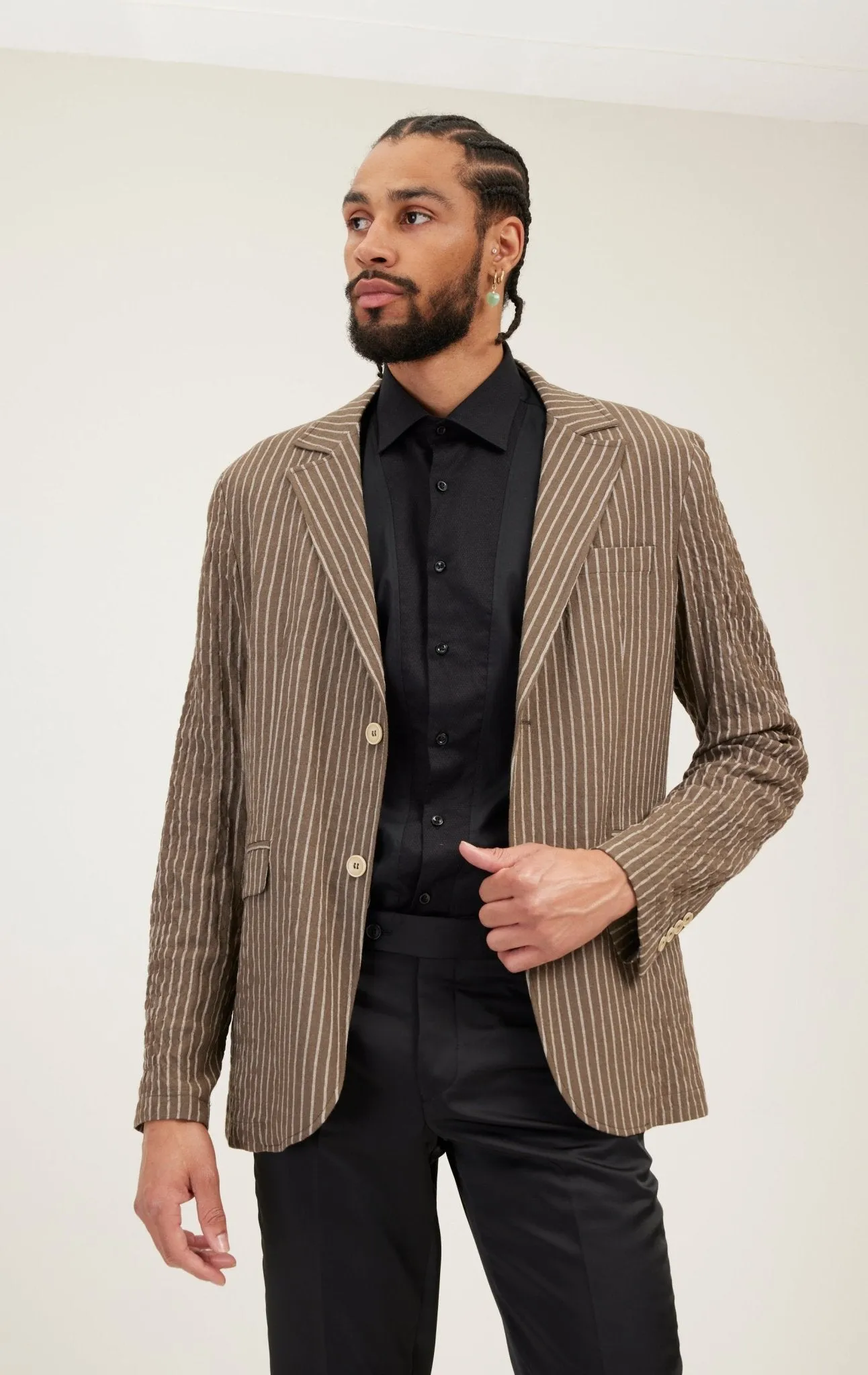 Crinkle Striped Blazer - Khaki