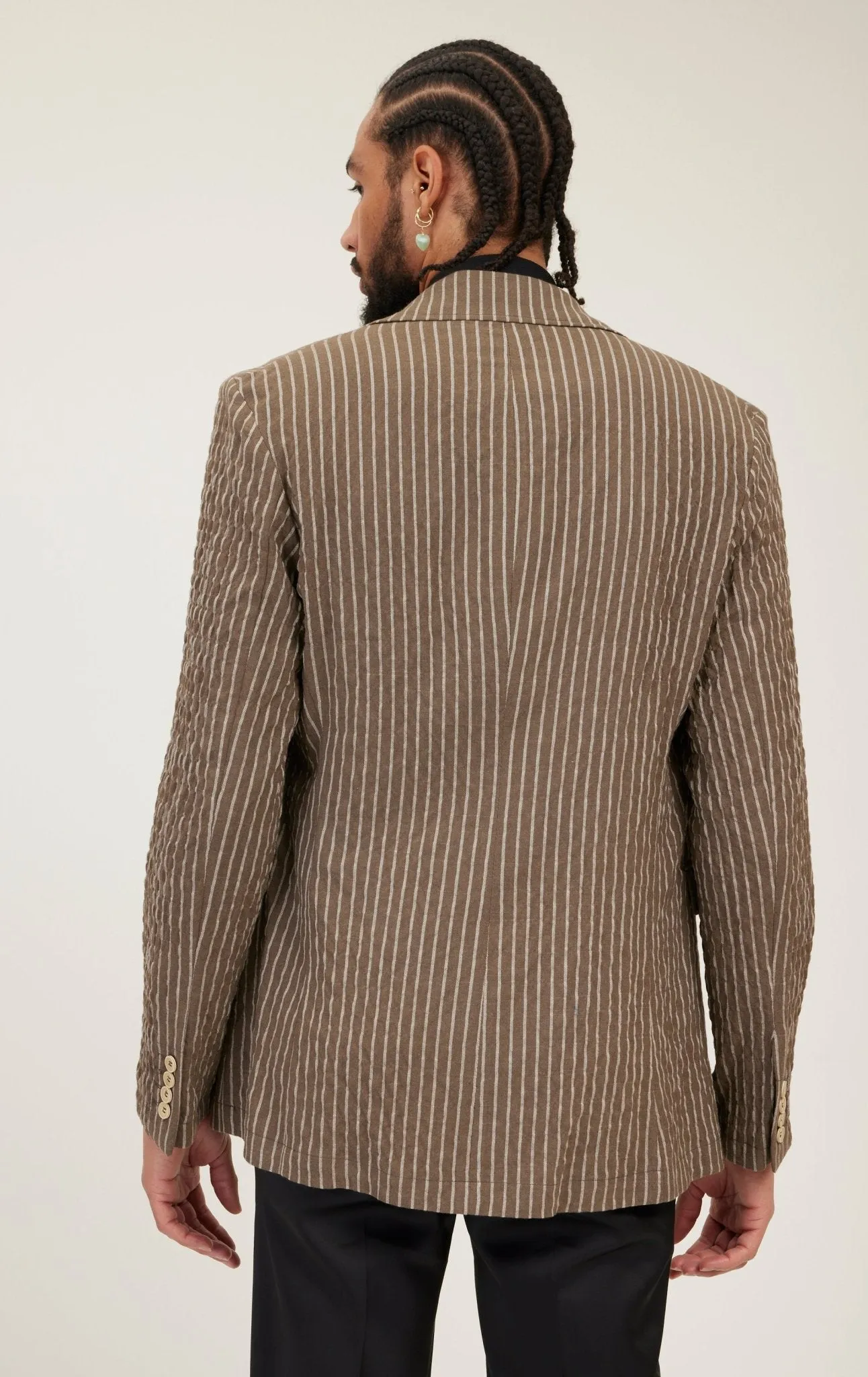 Crinkle Striped Blazer - Khaki