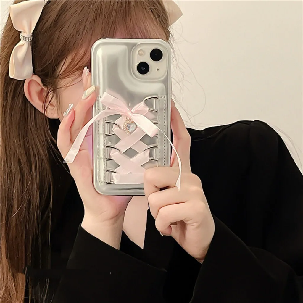 Cute Electroplated Silver Lace Up Ribbon Heart Shaped Bling Gem Design Protective Shockproof iPhone Case for iPhone 11 12 13 14 15 Pro Max