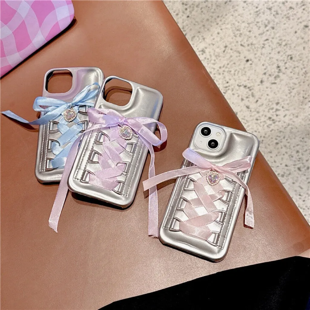 Cute Electroplated Silver Lace Up Ribbon Heart Shaped Bling Gem Design Protective Shockproof iPhone Case for iPhone 11 12 13 14 15 Pro Max