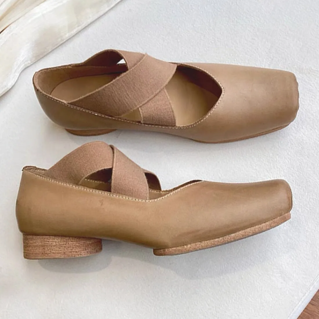 Cute Genuine Leather Ballet Flats, Square Toe Heeled Shoes, Mary Jane Square Head Flats, Ballerina Flats, Retro Front Strap Shoes for Women