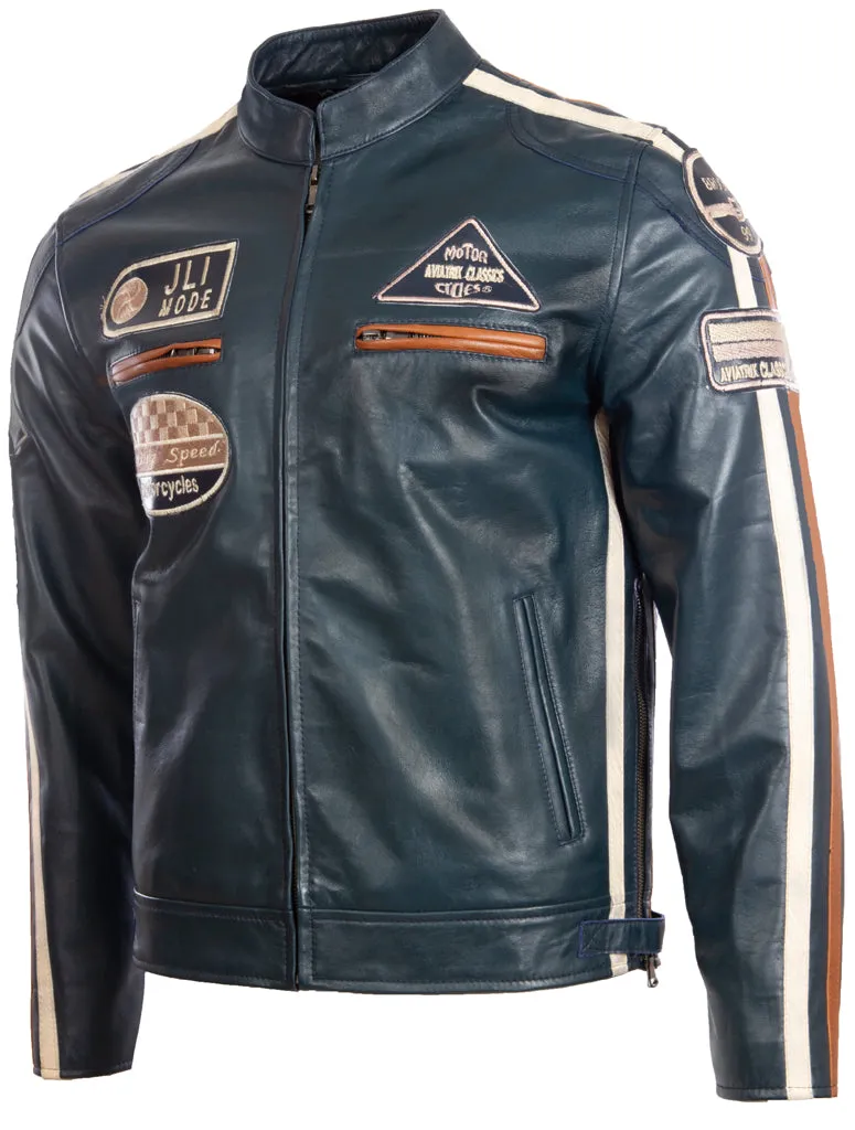 CXUS Men's Racing Biker Jacket - Navy Blue