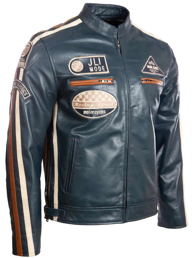 CXUS Men's Racing Biker Jacket - Navy Blue