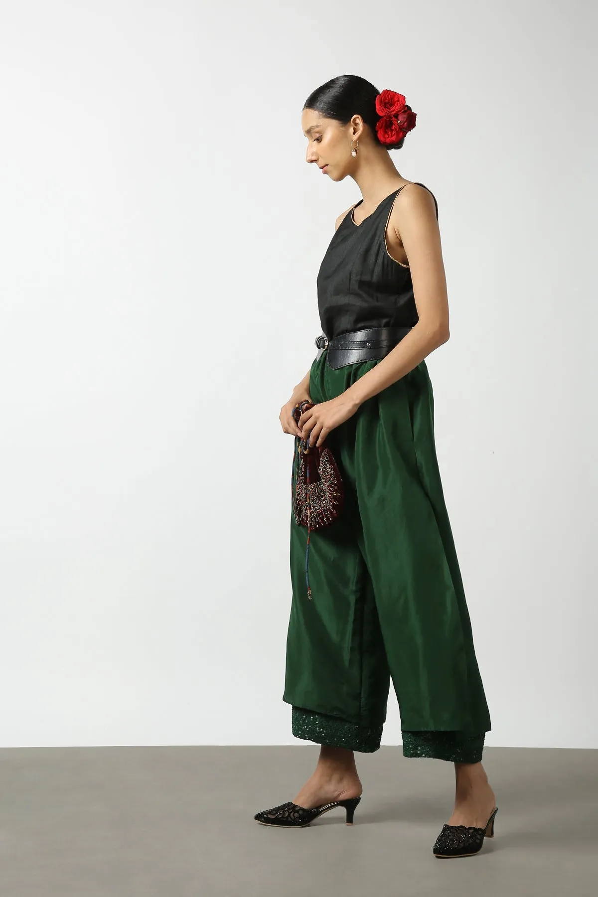 Dark Green Double Layer Sequenced Pant