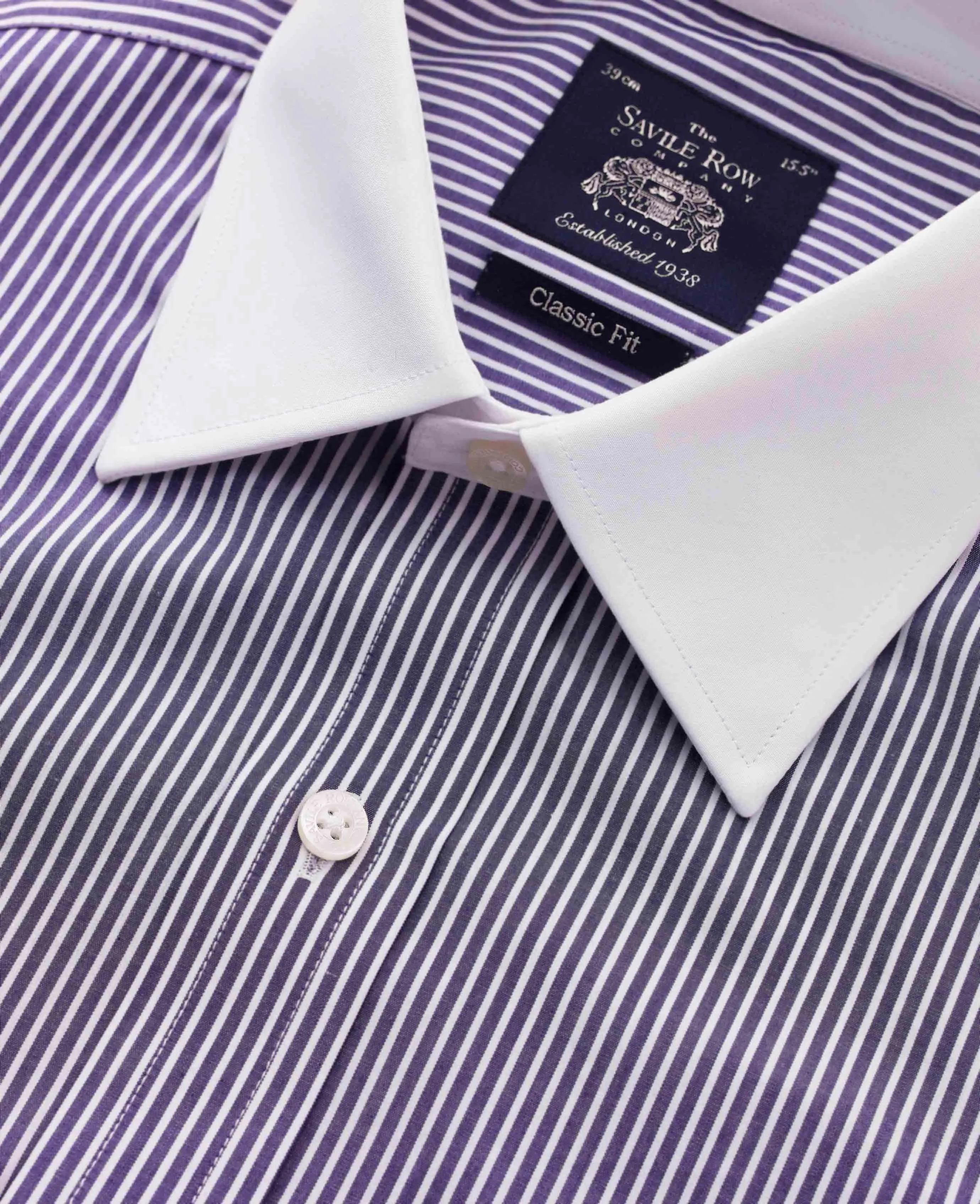 Dark Navy White Stripe Cotton Poplin Classic Fit Formal Shirt - Double White Cuff & White Collar