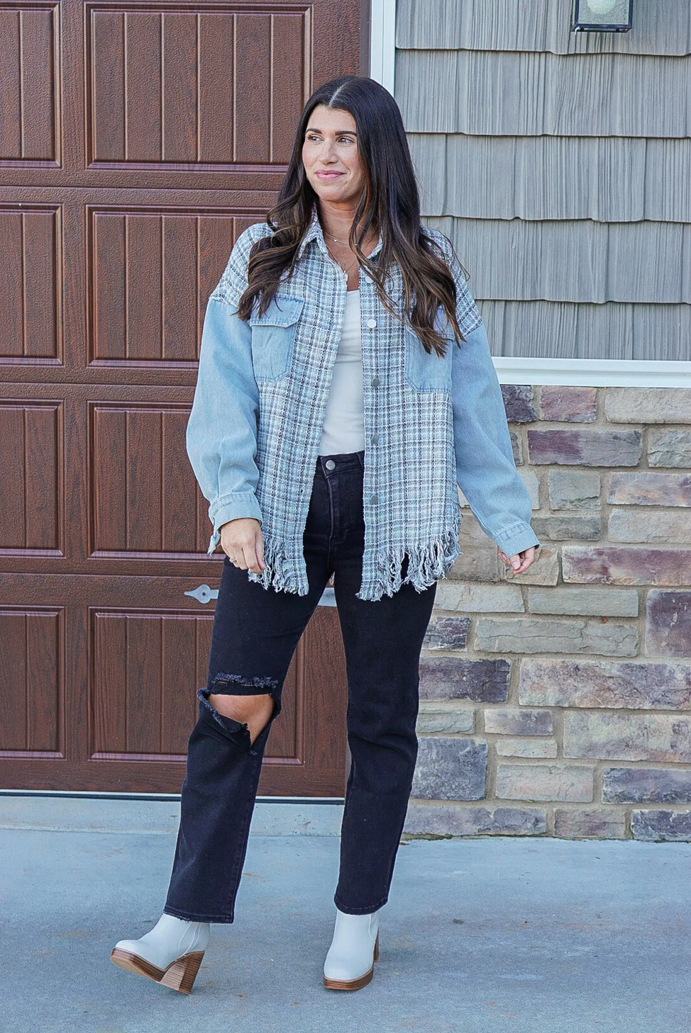 Denim Grey Plaid Mix Shacket