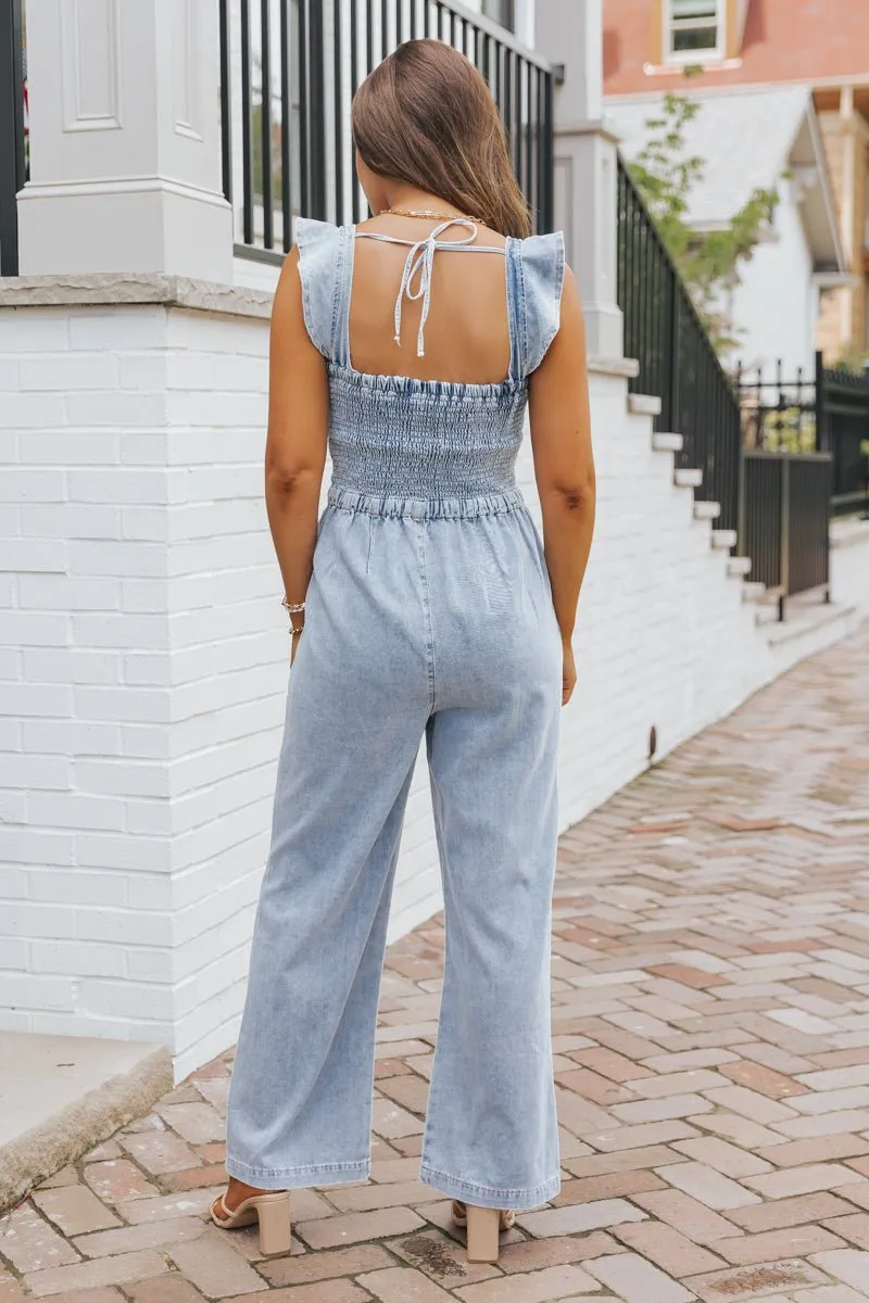 Denim Seam Detail Wide Leg Jumpsuit