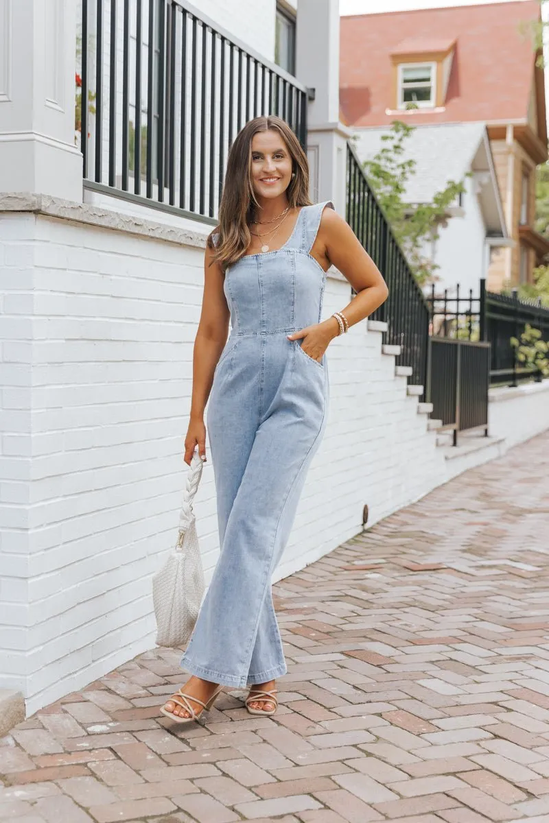 Denim Seam Detail Wide Leg Jumpsuit