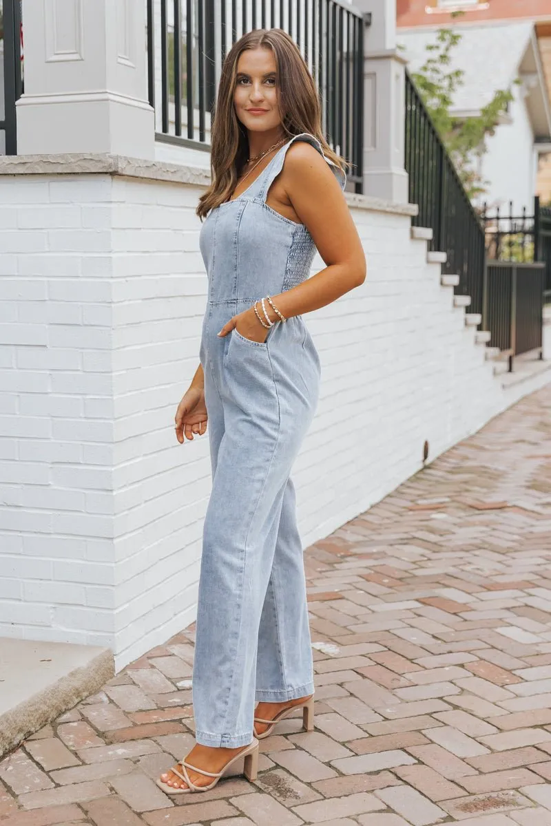 Denim Seam Detail Wide Leg Jumpsuit